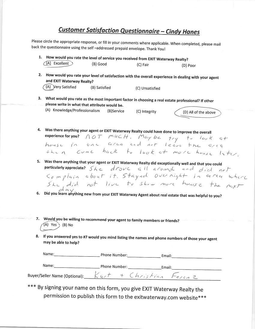 Customer Questionnaire for Cindy Hanes